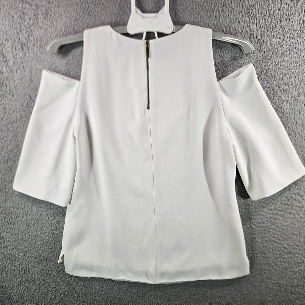 Ted Baker London Womens White Cold Shoulder Blouse Wide Sleeve Gold Zip Top Sz 2 - Picture 7 of 11